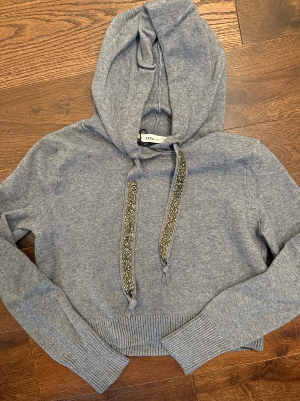 Zara Heathered Light gray Hooded Knit with Gold Glitter Drawstrings